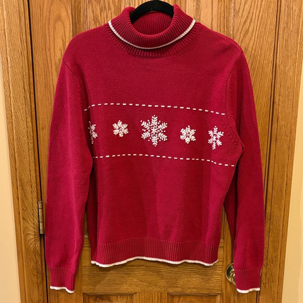 Elegant Red Turtleneck Sweater with Snowflake Pattern